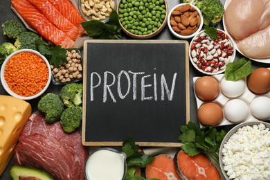 Photo of Chalkboard with word PROTEIN and different products as background, flat lay