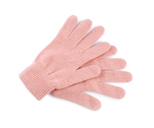 Pink woolen gloves on white background, top view. Winter clothes