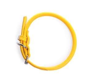 Yellow leather dog collar isolated on white, top view