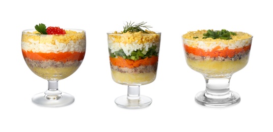 Image of Set of traditional russian salad Mimosa on white background. Banner design