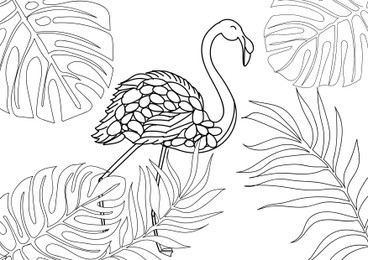 Flamingo and tropical leaves on white background, illustration. Coloring page 
