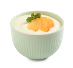 Delicious yogurt with fresh peach and mint in bowl on white background