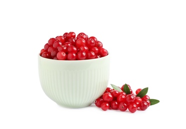 Fresh ripe cranberries with leaves on white background