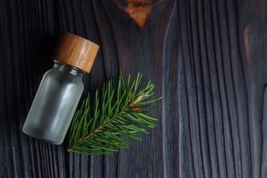 Bottle of aromatic essential oil and pine branch on wooden table, top view. Space for text