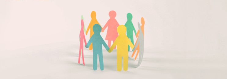 Paper human figures making circle on white background, banner design. Diversity and Inclusion concept