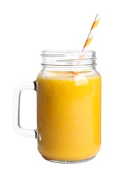 Photo of Mason jar of tasty mango smoothie on white background