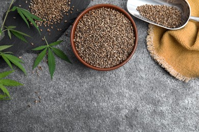 Flat lay composition with hemp seeds on grey table, space for text