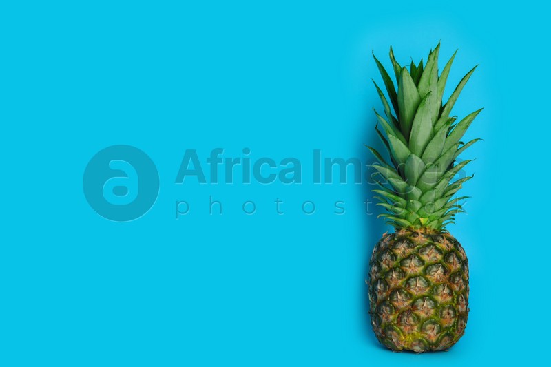 Photo of Ripe juicy pineapple on light blue background. Space for text