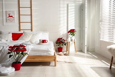 Poinsettias near bed in light cozy room. Christmas Interior design