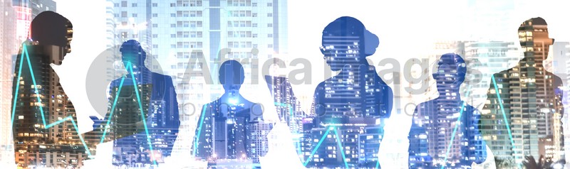 Image of Forex trading. Double exposure of business people and cityscape, banner design