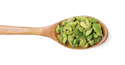 Wooden spoon full of cardamom on white background, top view