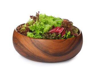 Photo of Wooden bowl with leaves of different lettuce on white background