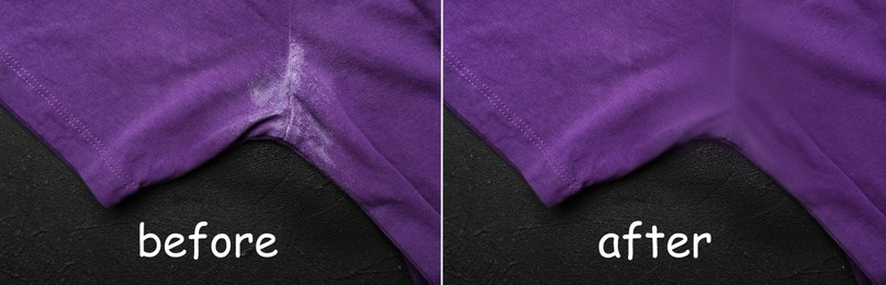 Closeup view of purple t-shirt with old deodorant stain before and after washing on black table