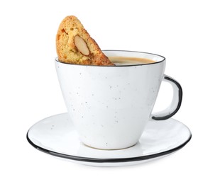 Tasty cantucci and cup of aromatic coffee on white background. Traditional Italian almond biscuits