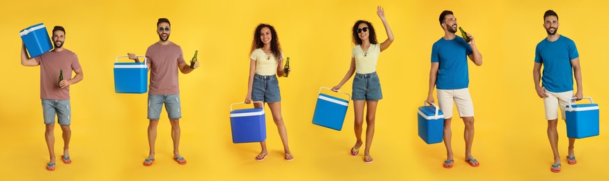 Collage with photos of people holding cool boxes on yellow background. Banner design