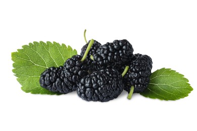 Many fresh ripe black mulberries with leaves on white background