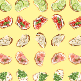 Set of delicious toasted bread with different toppings on yellow background, top view