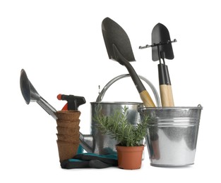 Photo of Different modern gardening tools on white background