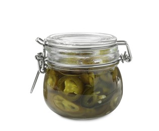 Photo of Pickled green jalapeno peppers in glass jar isolated on white