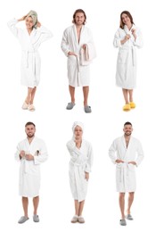 People wearing bathrobes on white background, collage 