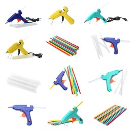 Set with different glue guns with sticks on white background