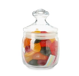 Delicious gummy candies in glass jar on white background