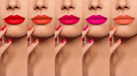 Collage with photos of young woman with different lipsticks, closeup