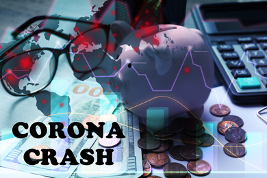 Corona crash. Piggy bank and money on table