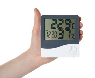 Woman holding hygrometer on white background, closeup. Atmospheric humidity