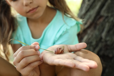 Girl playing with cute snail outdoors, closeup. Child spending time in nature