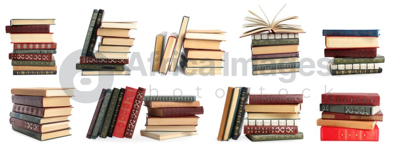 Collection of different hardcover books on white background. Banner design