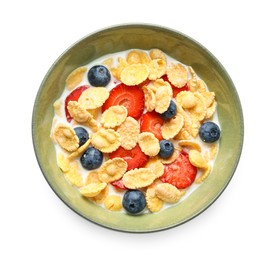 Corn flakes with berries in bowl isolated on white, top view