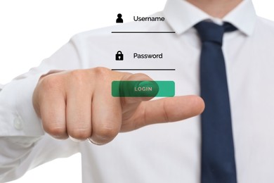 Illustration of authorization interface and man pressing button LOGIN on white background, closeup