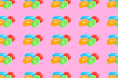 Image of Collage with tasty jelly candies on pink background, pattern design