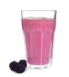Glass of blackberry smoothie and berries on white background