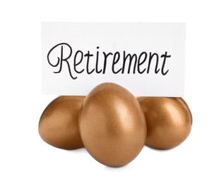 Many golden eggs and card with word Retirement on white background. Pension concept