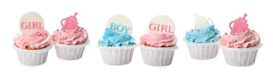 Set of decorated baby shower cupcakes with blue and pink cream on white background. Banner design