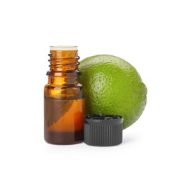 Bottle of citrus essential oil and fresh lime isolated on white