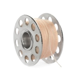 Metal spool of pale pink sewing thread isolated on white