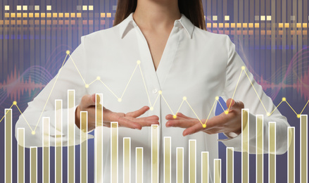 Image of Forex trading. Double exposure of woman and charts