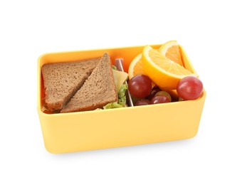Photo of Lunch box of tasty healthy isolated on white. School dinner