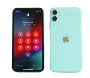 MYKOLAIV, UKRAINE - JULY 07, 2020: New modern iPhone 11 with numpad for entering the passcode on screen against white background, back and front views