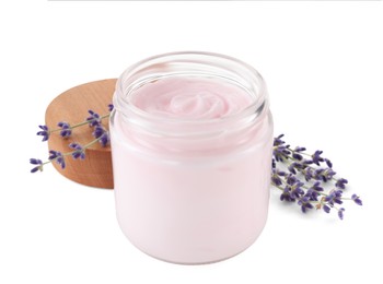 Jar of hand cream and lavender on white background