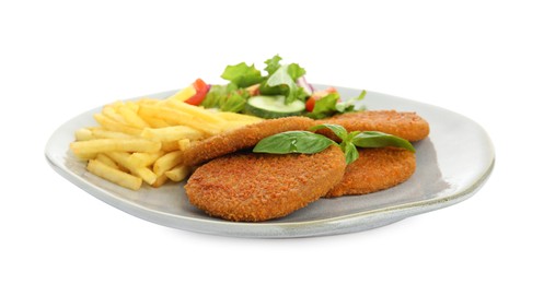 Plate of delicious fried breaded cutlets with garnish isolated on white