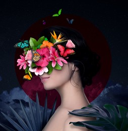 Image of Young woman with beautiful flowers and butterflies against dark cloudy sky. Stylish creative collage design