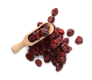 Tasty dried cranberries and scoop isolated on white, top view