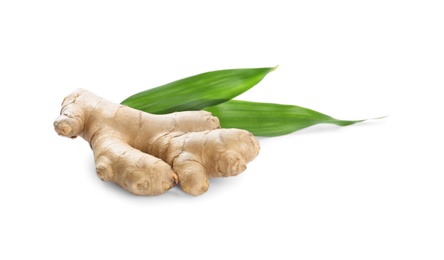 Whole fresh ginger and leaves on white background