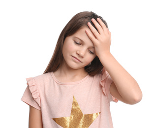 Photo of Portrait of emotional preteen girl on white background