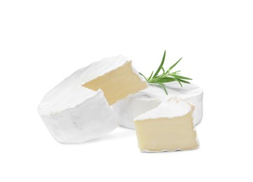 Tasty cut and whole brie cheeses with rosemary on white background