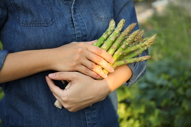 Woman holding fresh raw asparagus outdoors, closeup